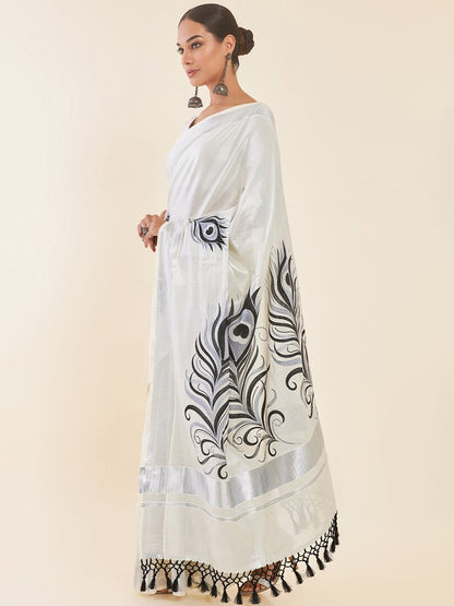 Onam Kerala silver tissue peacock feather embroidery sarees