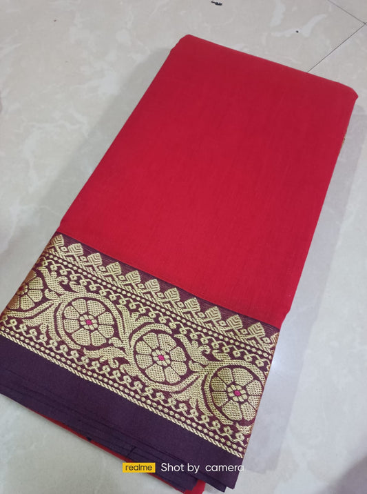 Red Narayanpet Cotton sarees with small border