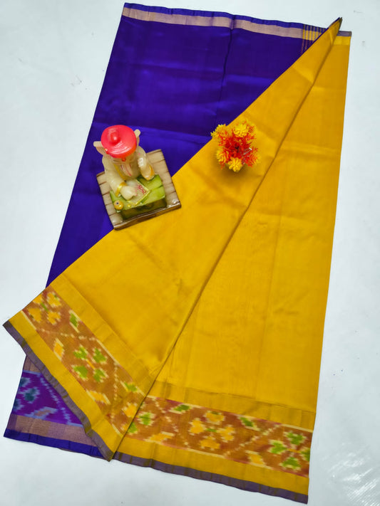 Mustard yellow Uppada sarees with small pochampally border