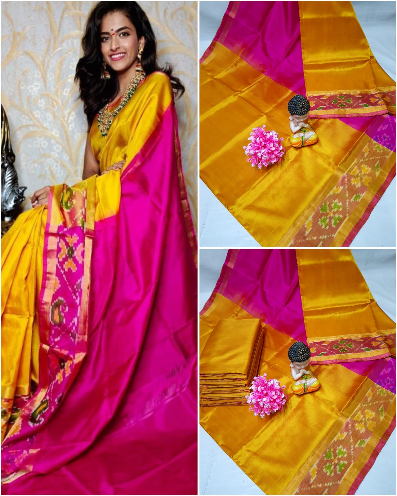 Mango yellow Uppada sarees with small pochampally border