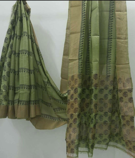 Parrot Green block print tussar silk sarees