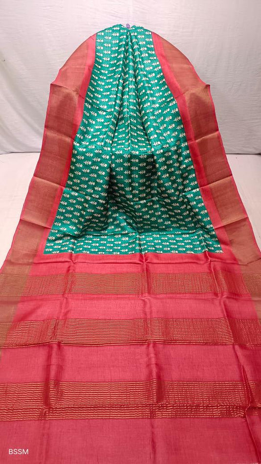 Rama green pure tussar silk hand block printed sarees