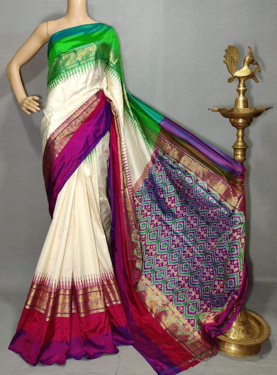 Cream ikkat silk sarees with jakat kanchi border