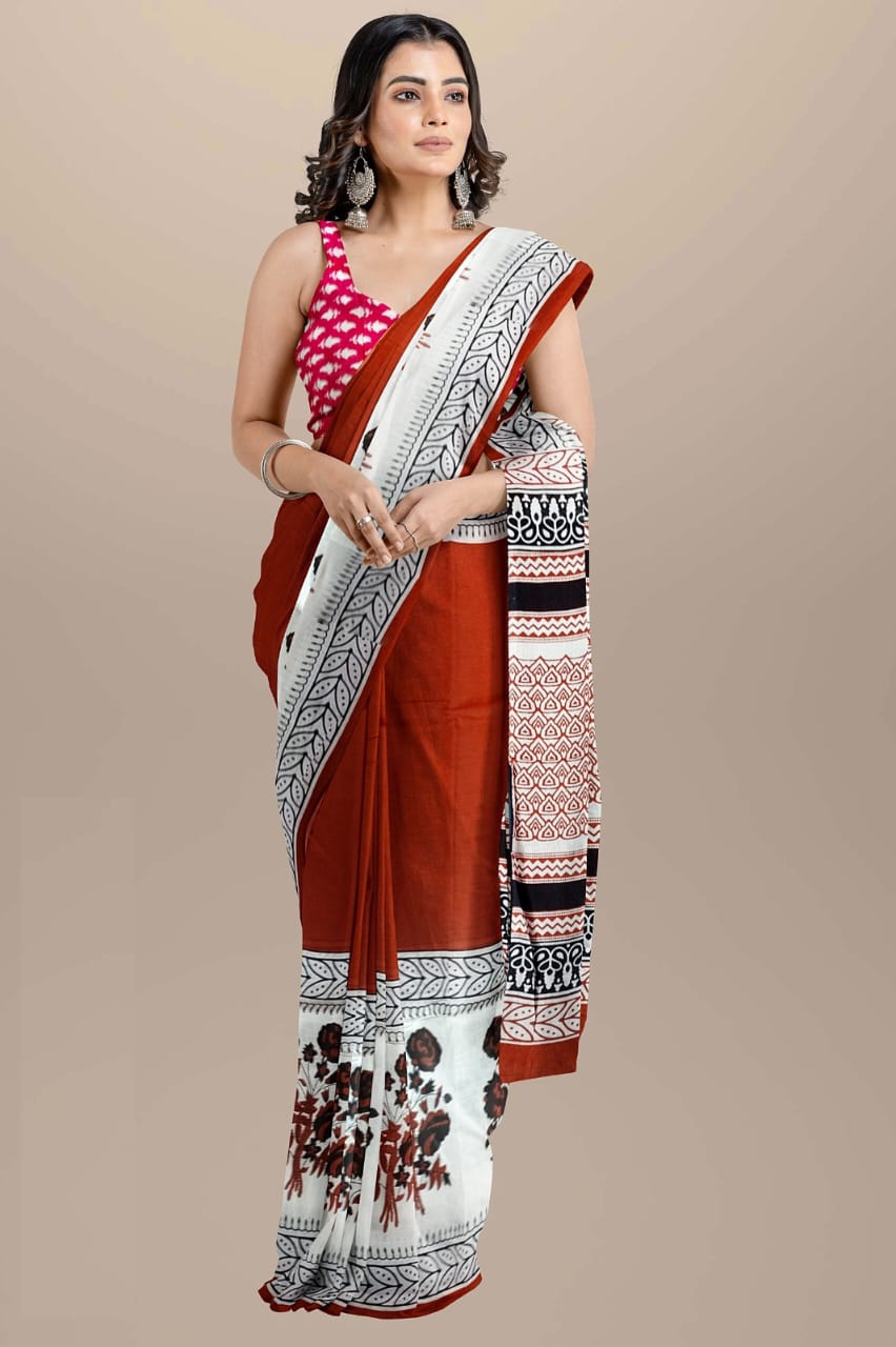 Maroon and white Handblock printed mulmul cotton sarees