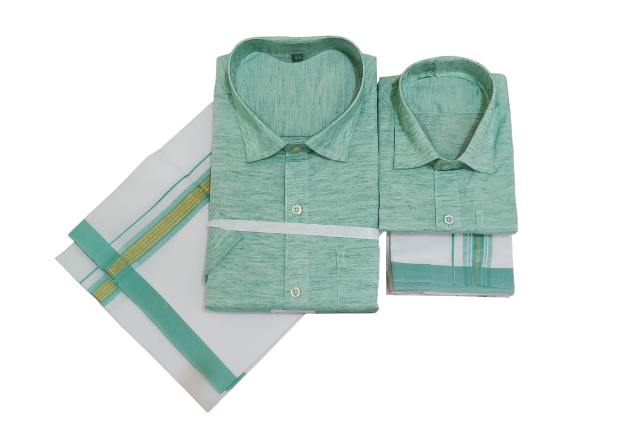 Green cotton linen shirt and dhoti set. Father and son combo