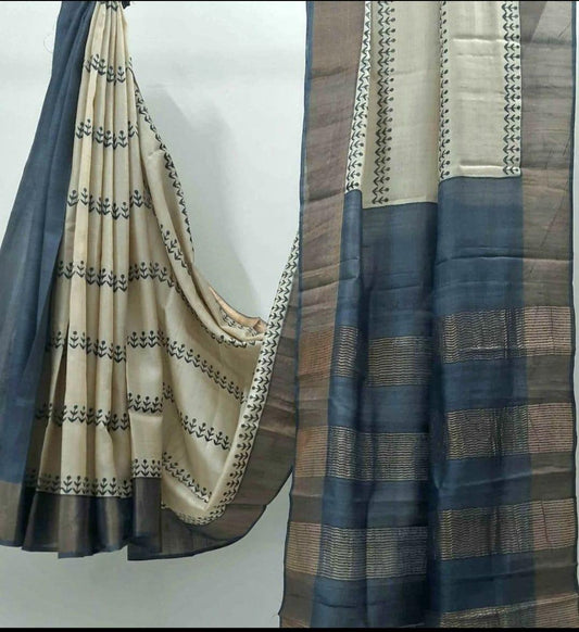 Cream with greyish blue block print tussar silk sarees