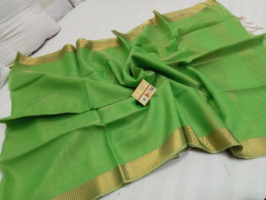 Parrot green Pure handloom Tussar tissue silk sarees