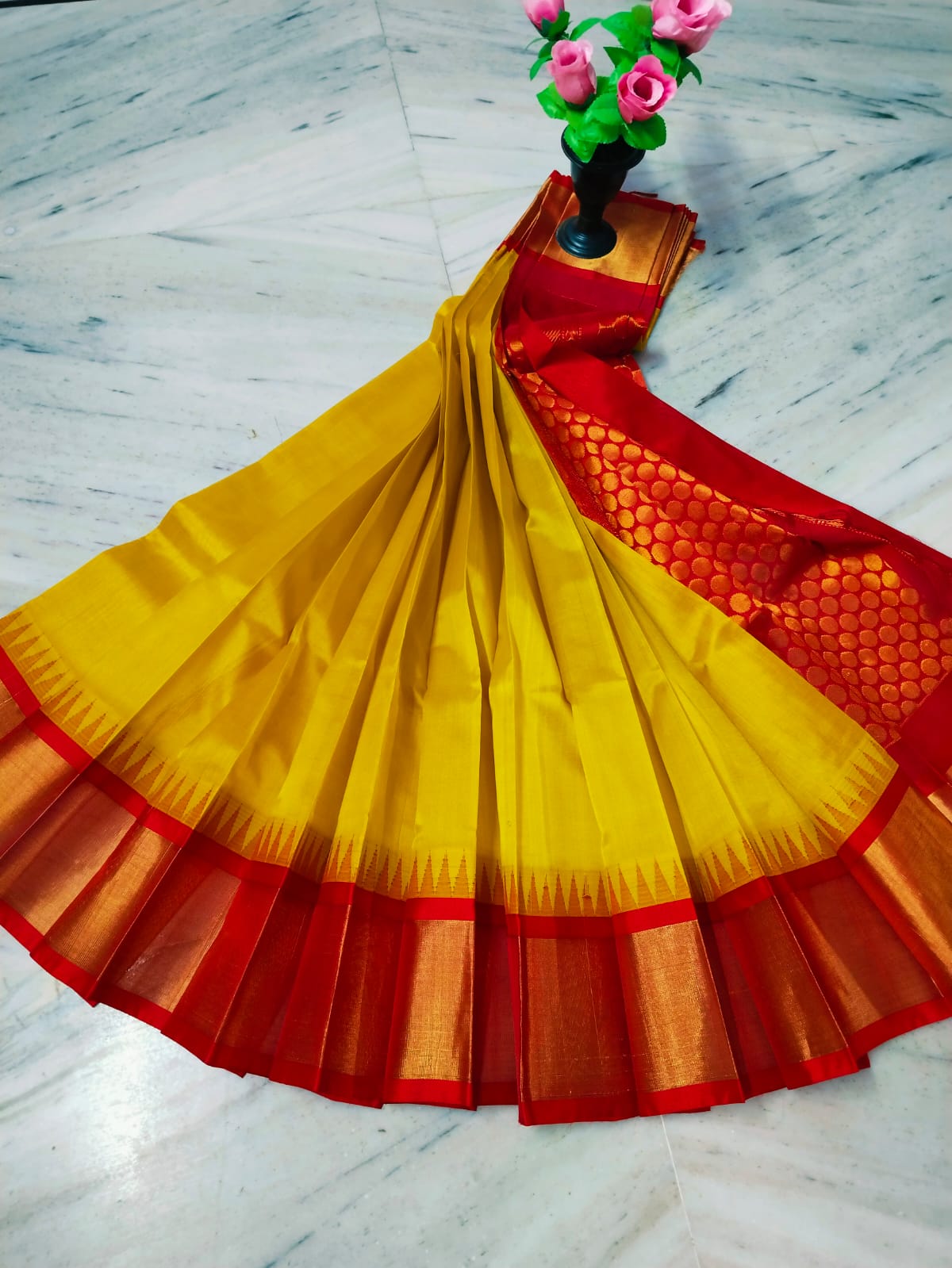 Mango yellow with red pure handloom Kuppadam sarees