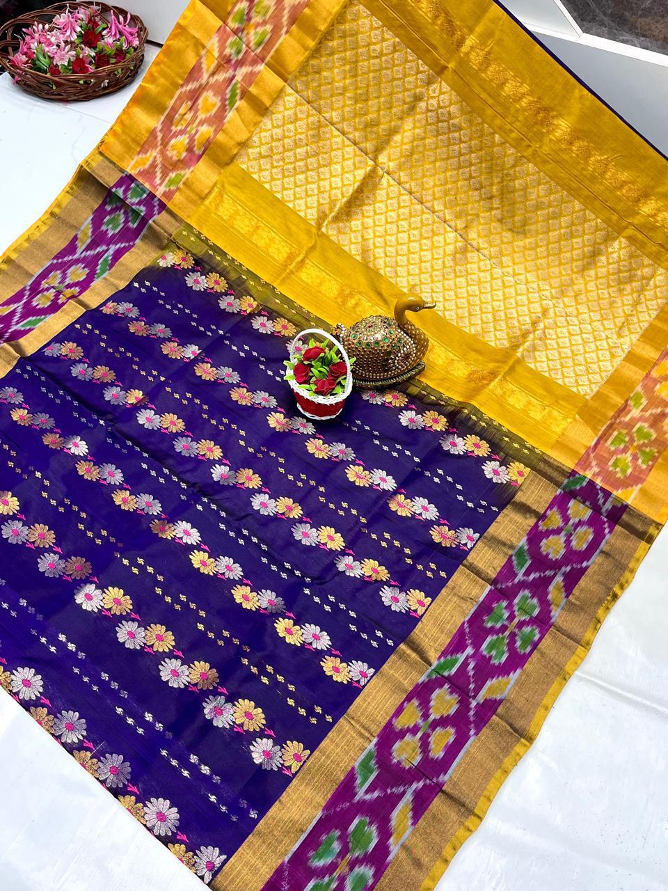 Dark purple Uppada sarees with pochampally border