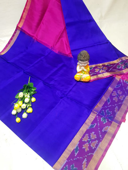 Blue and pink Uppada sarees with small pochampally border