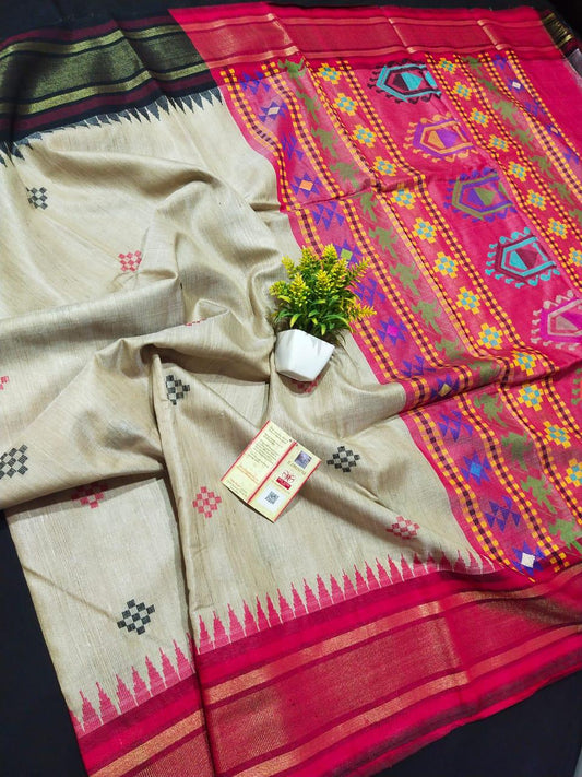 Beige and red mix pink desi tussar silk sarees