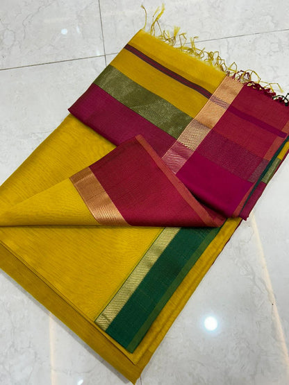 Yellow and red pure handloom Maheshwari sarees