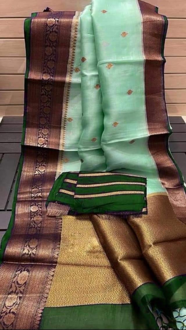 Pista green Banarasi kora organza sarees