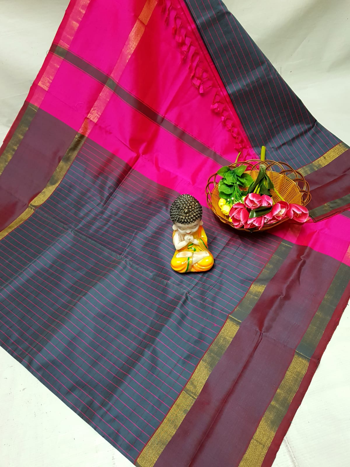 Dark grey Tripura silk mahanati checks sarees