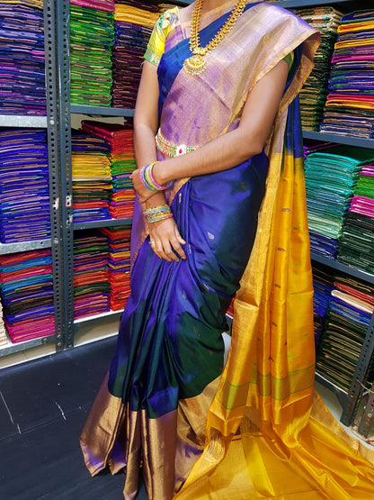 Navy blue and yellow Uppada small Jamdani butta Sarees