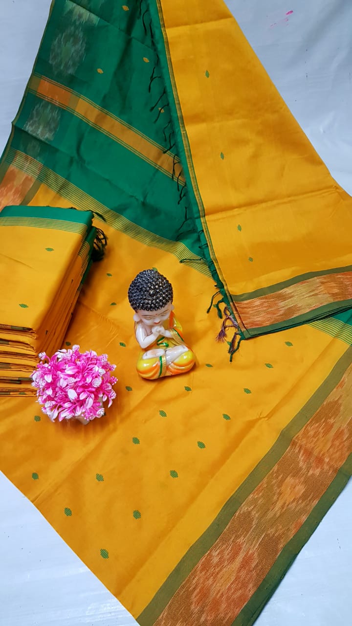 Mango yellow and green Tripura silk sarees with Pochampally border