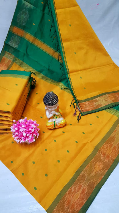 Mango yellow and green Tripura silk sarees with Pochampally border