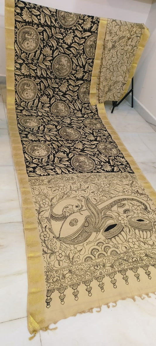 Black and white mangalagiri pen kalamkari sarees