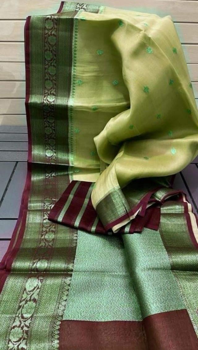 Pastel green Banarasi kora organza sarees