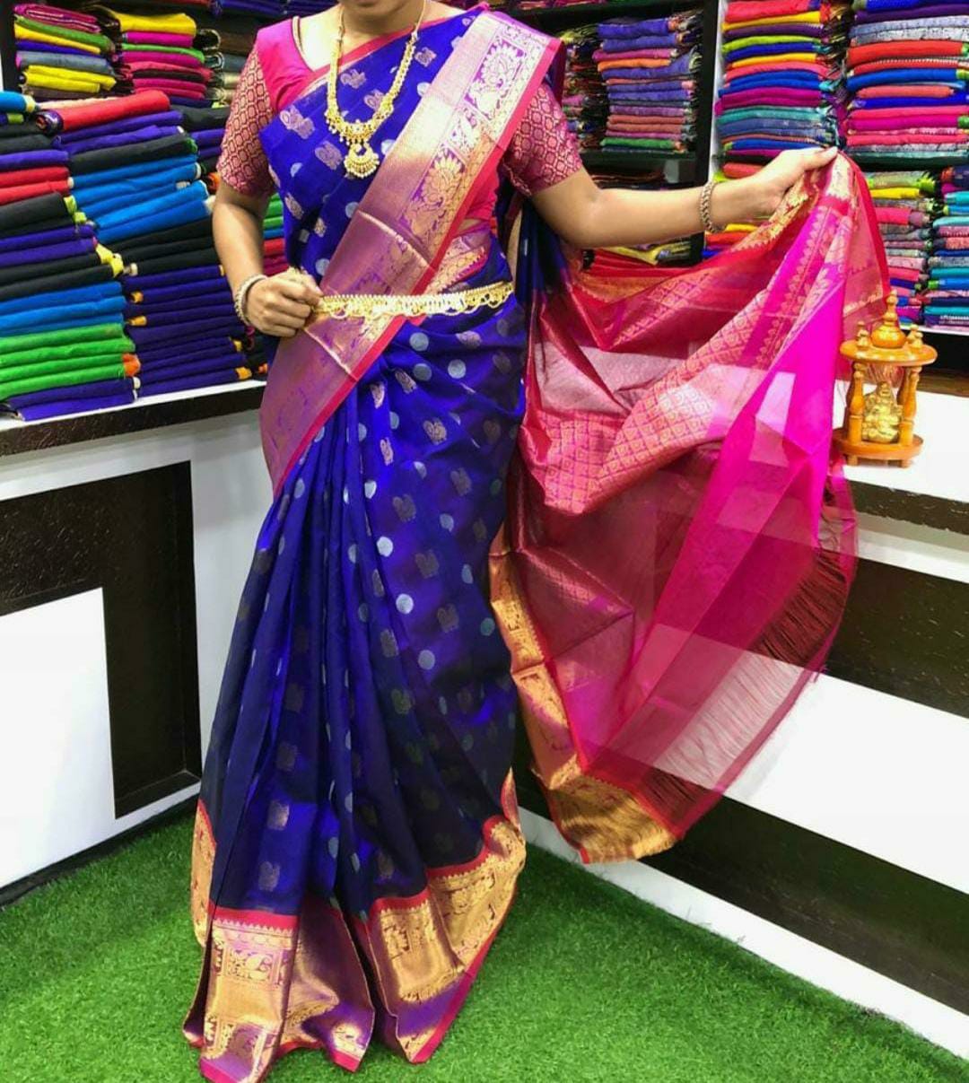 Dark blue and pink handloom Kuppadam kanchi border sarees