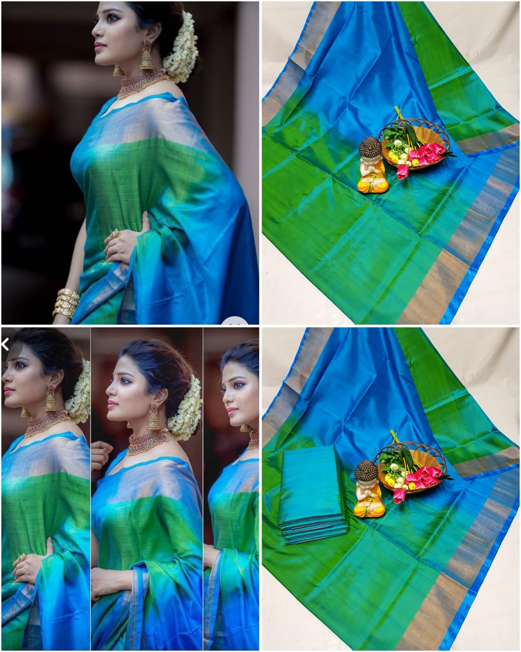 Green and light blue uppada plain silk sarees