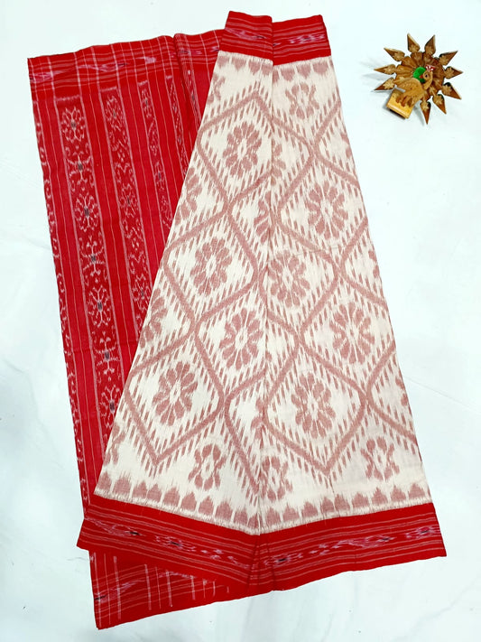 Cream with red ikkat mercerised Cotton sarees