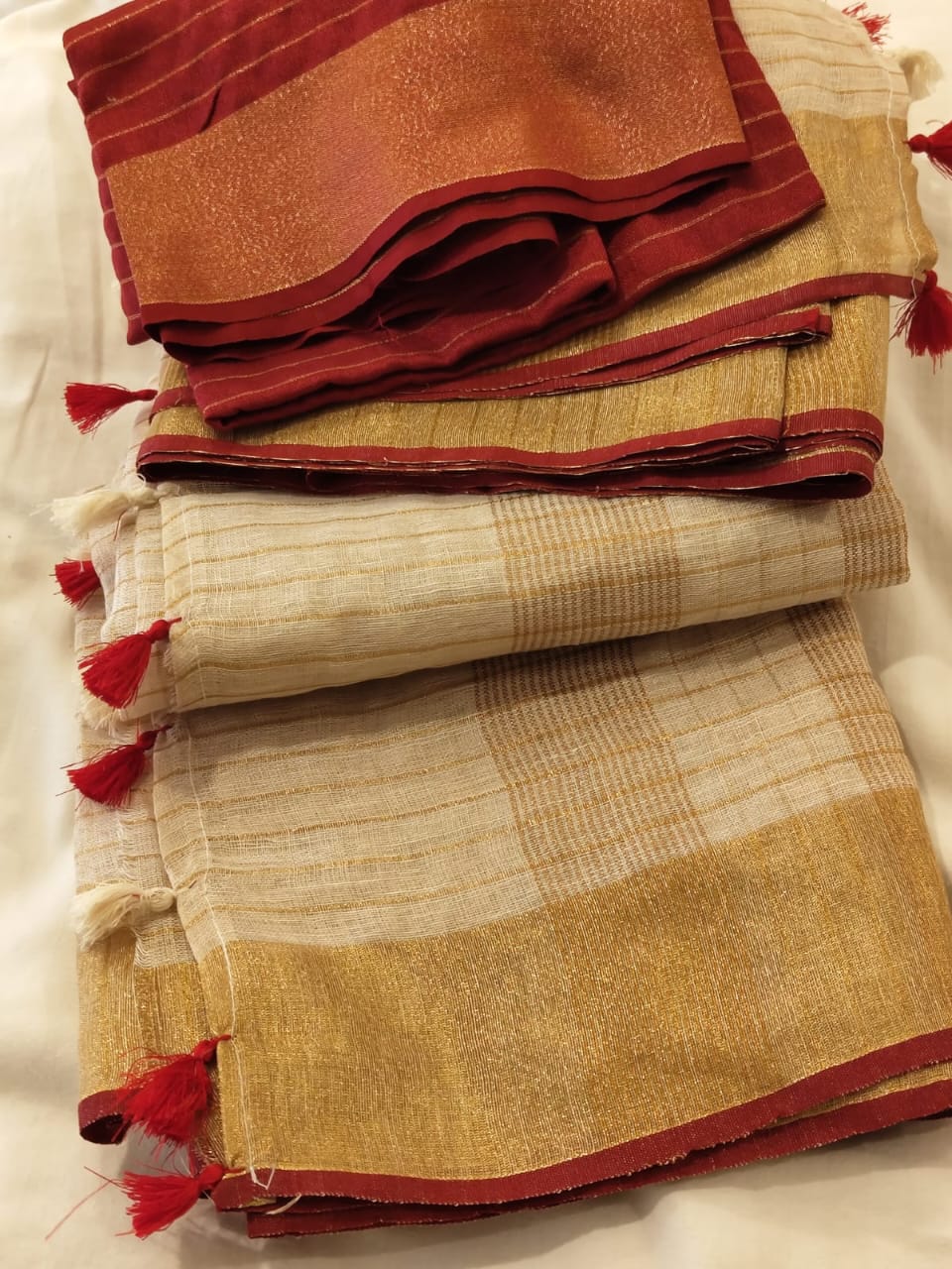 Beige linen checks sarees