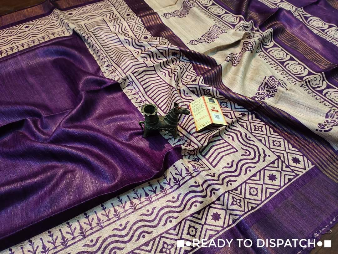 Dark purple Pure Tussar gicha screen print sarees