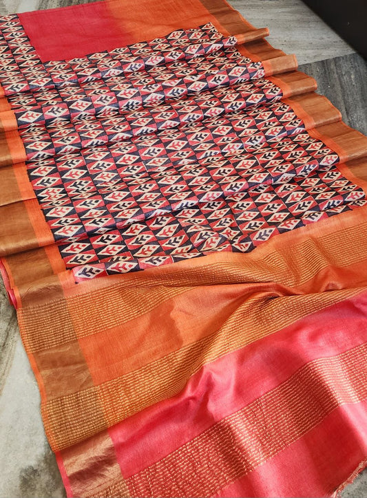 Orange and pink tussar silk printed sarees