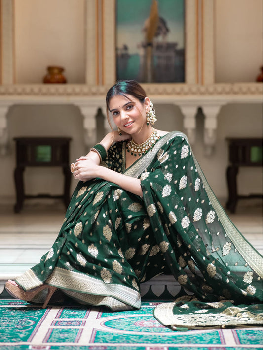 Bottle green Banarasi semi georgette silk sarees