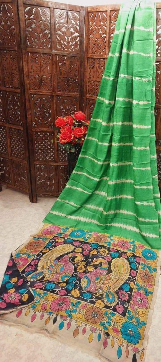 Green pure tussar Silk shibori sarees