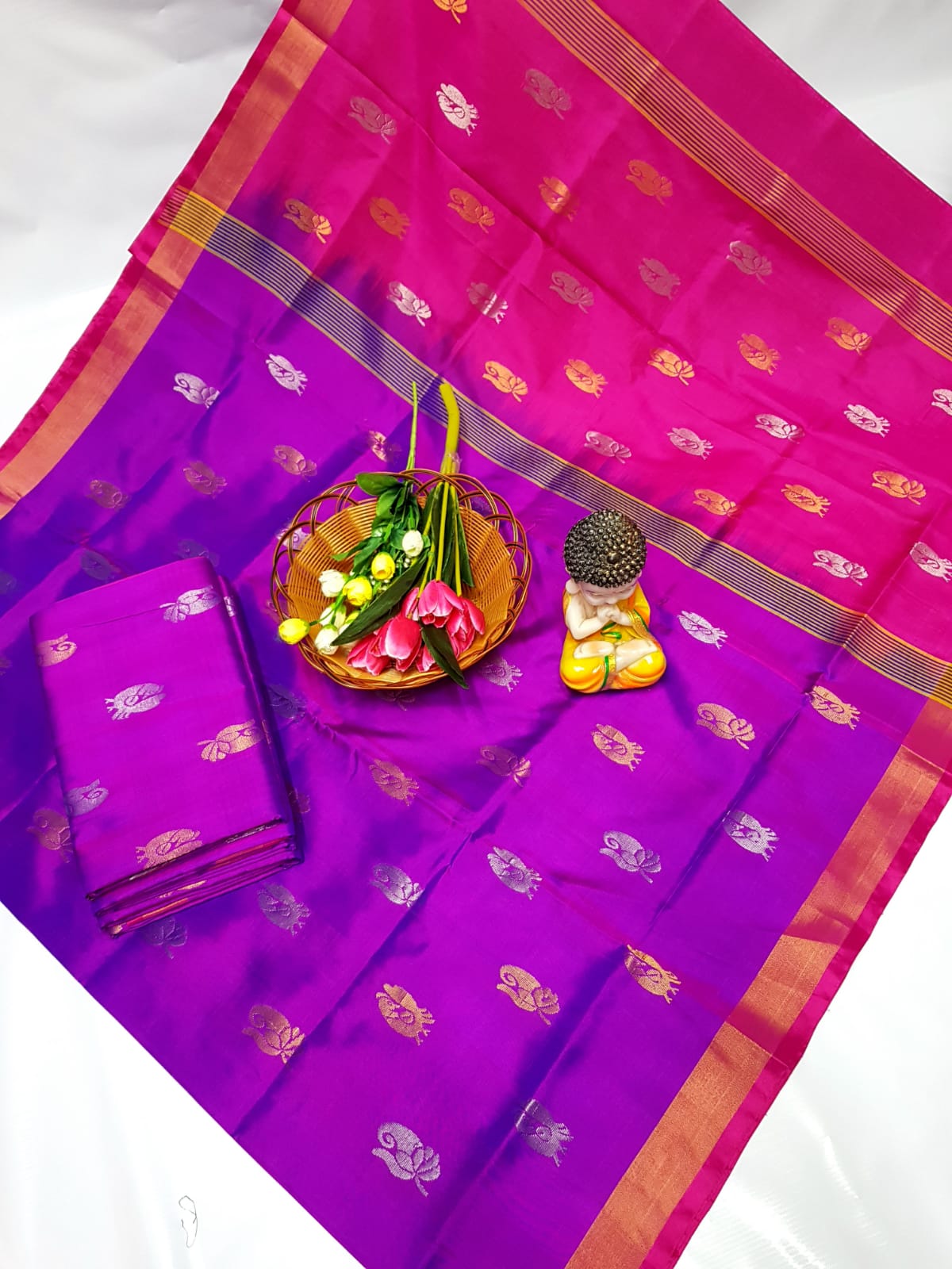 Purple and pink handloom Uppada silk sarees with small border