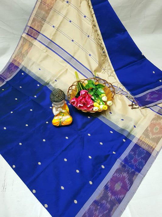 Royal blue Tripura silk sarees with Pochampally border