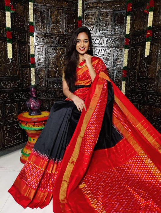 Black and red ikkat plain silk sarees