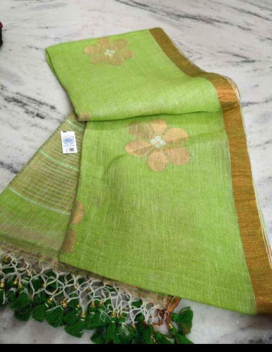 Apple green 120 counts linen jamdani weaved sarees