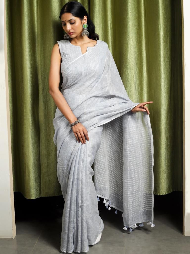 Silver gray 120 counts linen by linen sarees