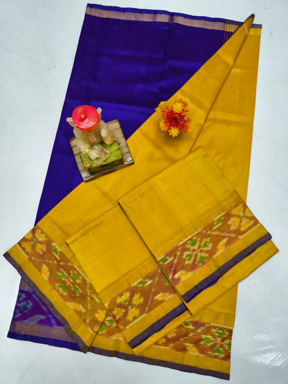 Mustard yellow Uppada sarees with small pochampally border