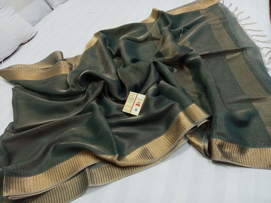 Bottle green Pure Tussar tissue silk sarees