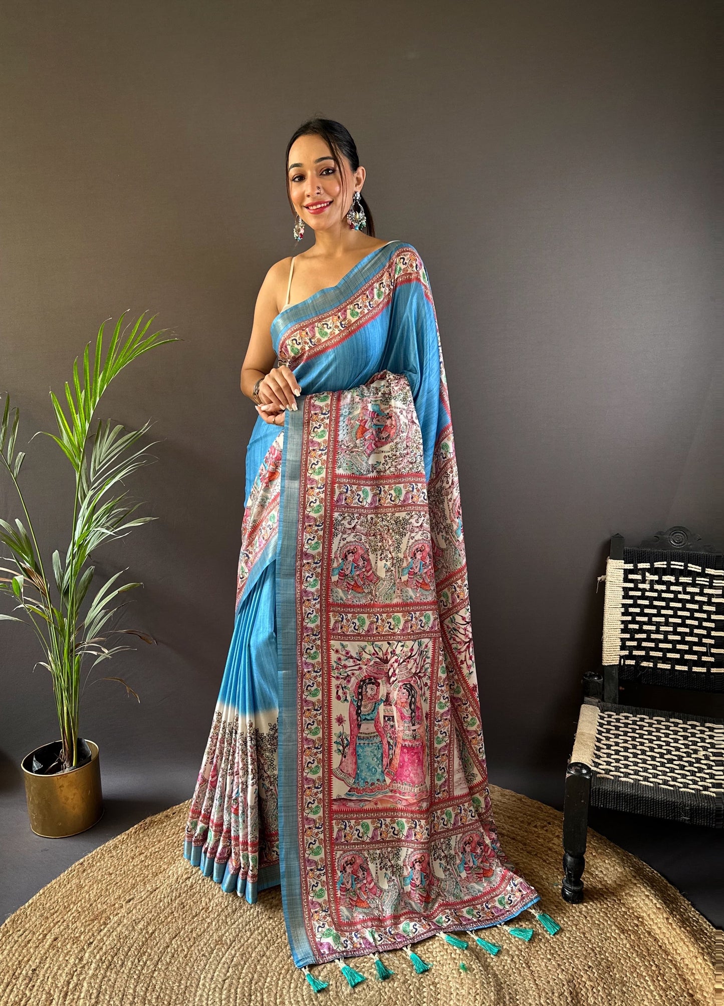 Sky blue tussar silk sarees with madhubani print