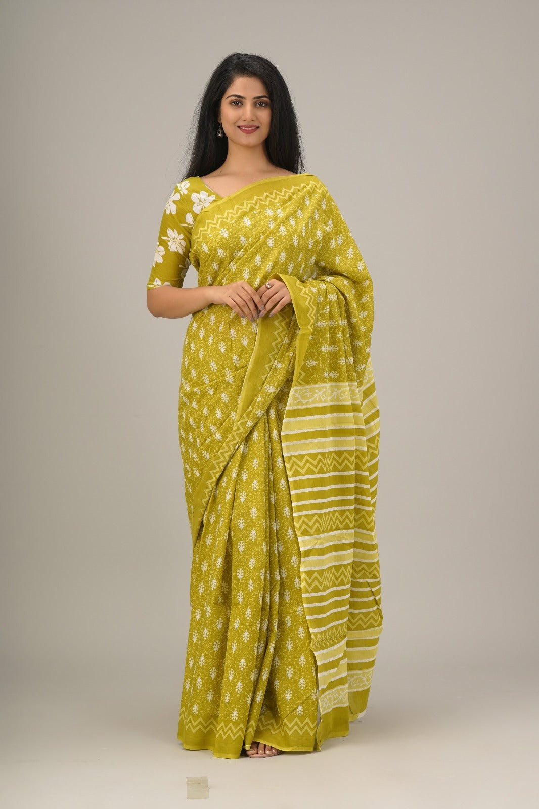 Lime yellow hand printed mulmul cotton sarees