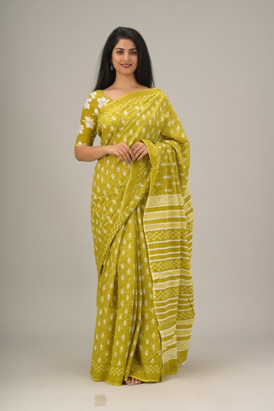 Lime yellow hand printed mulmul cotton sarees