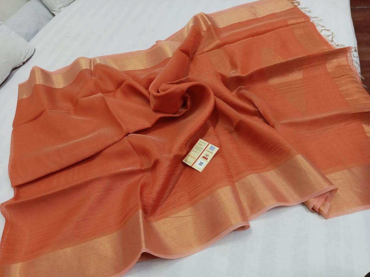 Orange Pure handloom Tussar tissue silk sarees