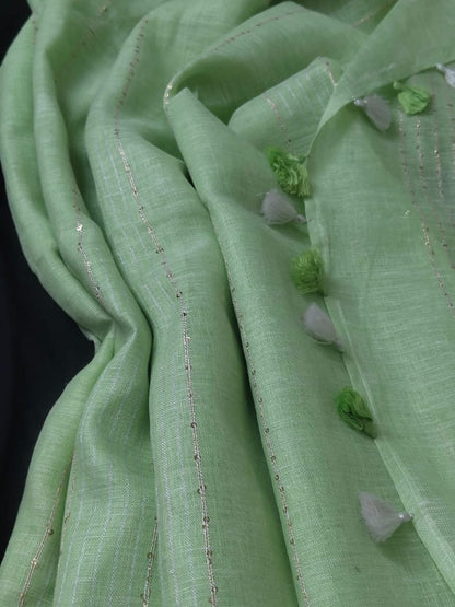 Pastel green linen striped sarees