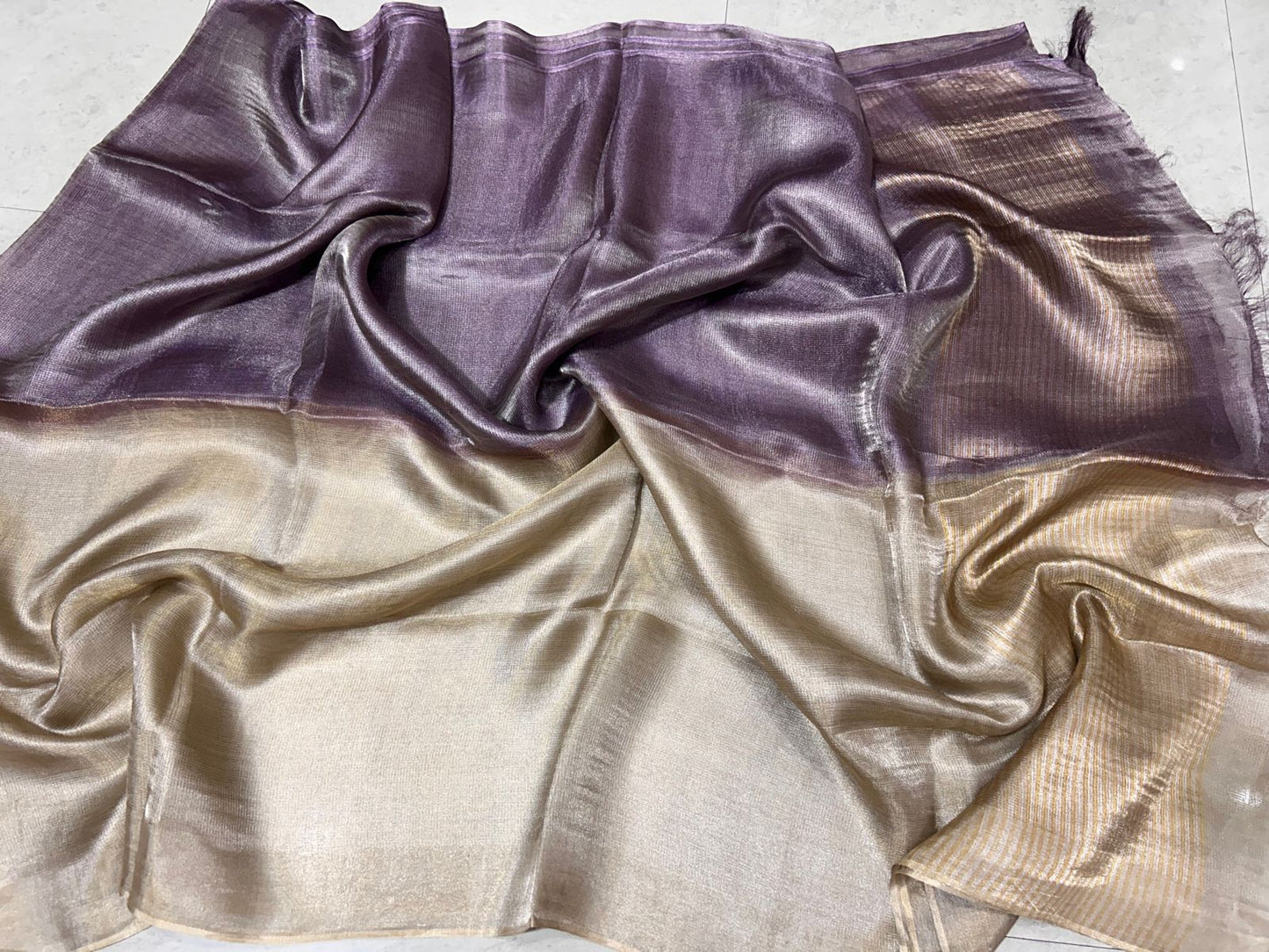 Gold with dark lilac Pure Tussar tissue silk sarees