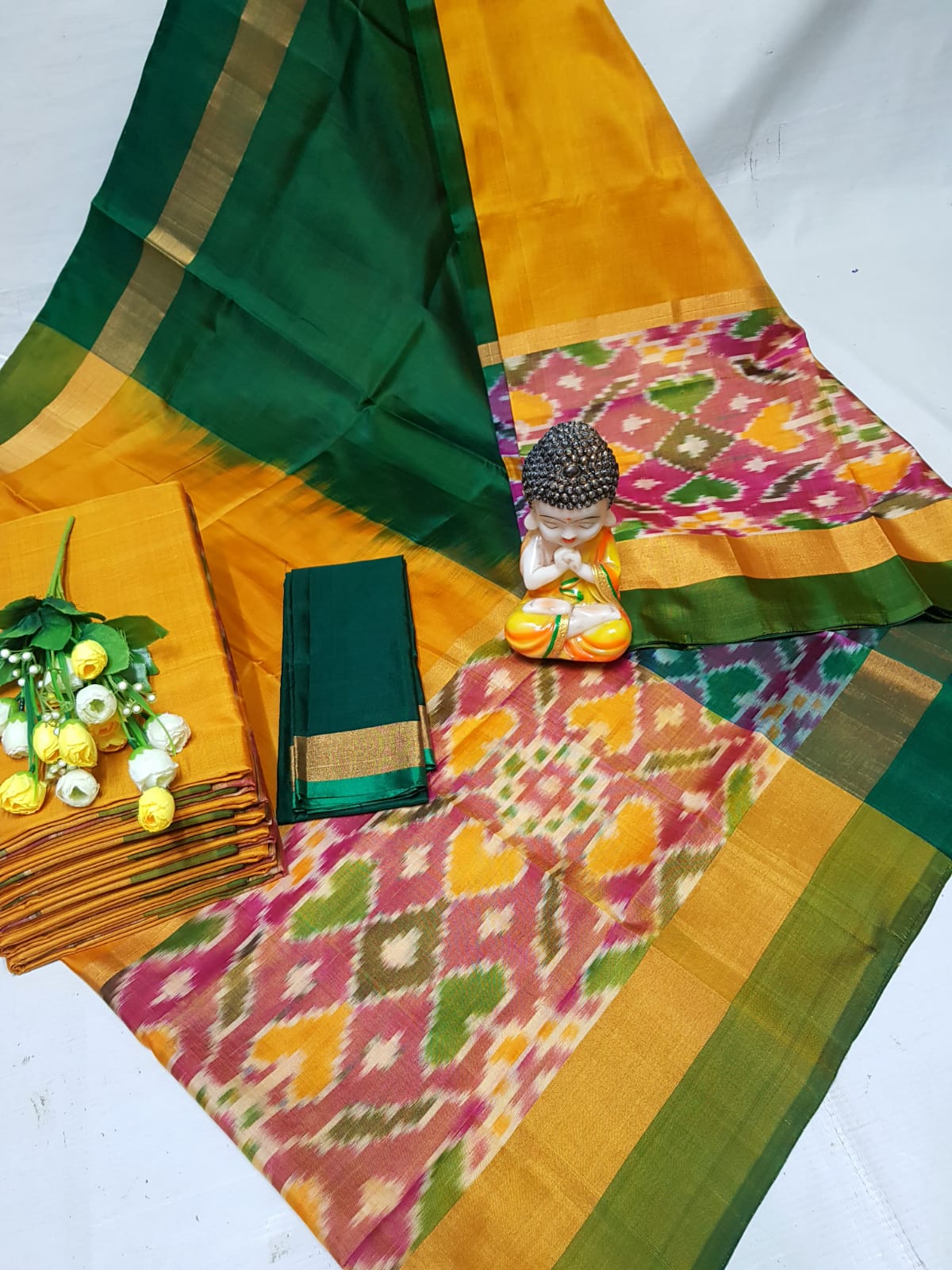 Mango yellow Uppada sarees with big pochampally border