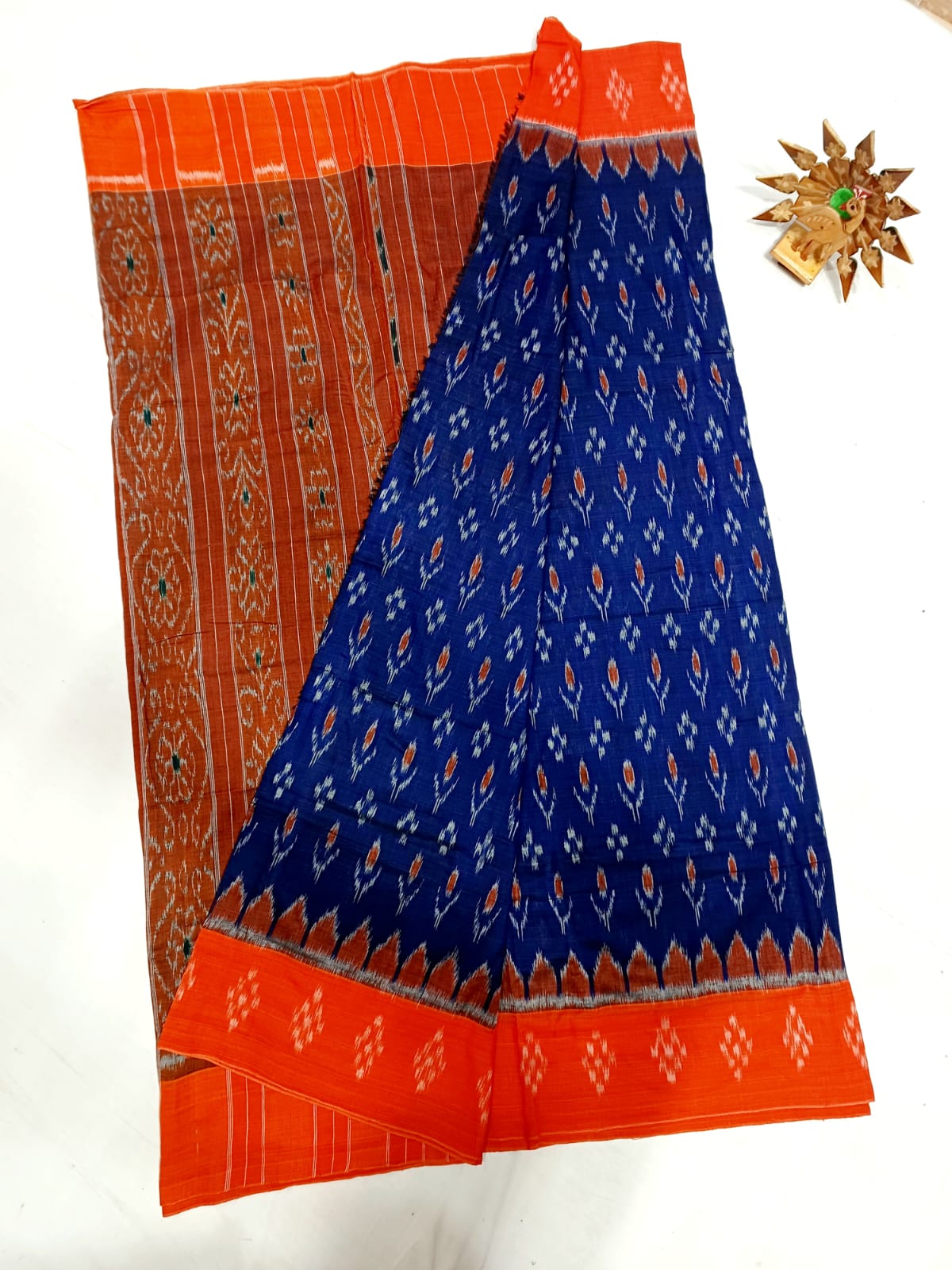 Navy blue and orange ikkat mercerised Cotton sarees