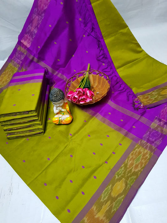 Green and purple Tripura silk sarees with Pochampally border