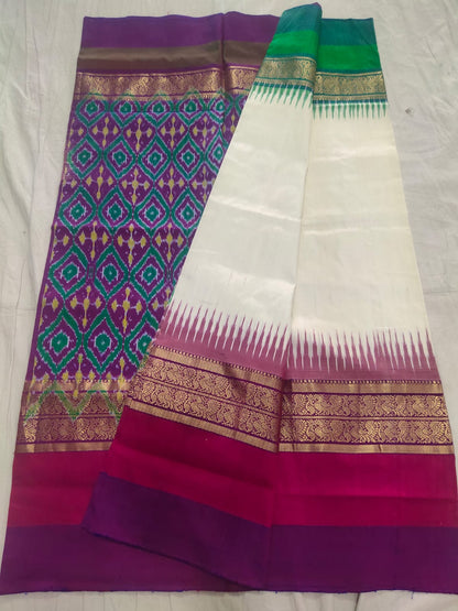 Cream ikkat silk sarees with jakat kanchi border