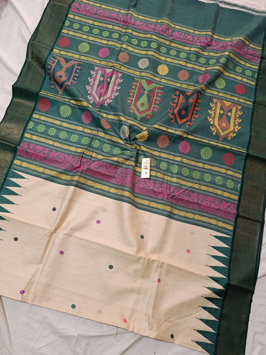 Cream and dark green pure desi tussar silk sarees