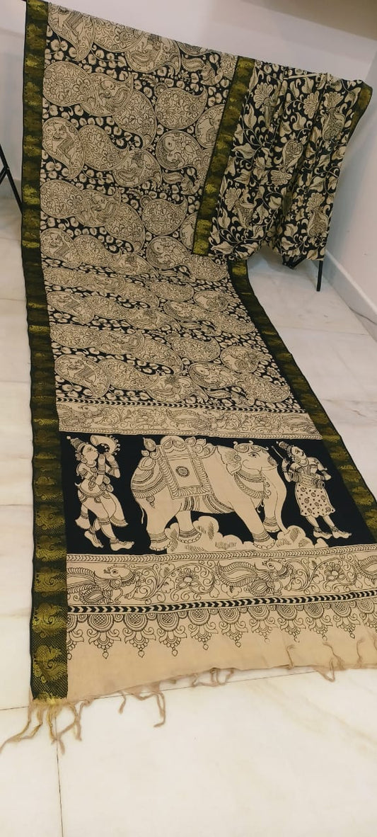 Black and white mangalagiri pen kalamkari sarees